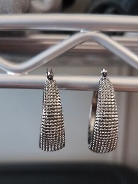 Silver Textured Hoop Drop Earrings - Women Jewelry